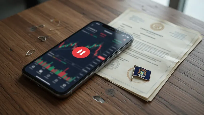A smartphone displaying a paused financial candlestick chart rests on a wooden table next to official-looking documents.